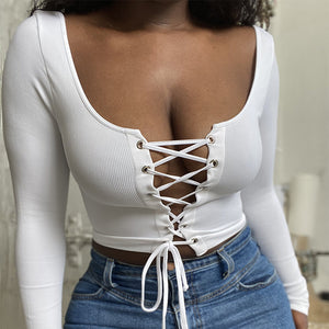 LS LACE UP RIBBED BOTTOMING BLOUSE