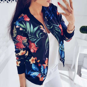 #Fashion Flower Leaves Printing Women Jacket Long Sleeve Lady Baseball Sports Outwear Overcoat Jacket Zipper Coat chaqueta mujer - funshirtsusa
