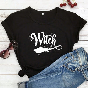 #Witch Broom 100% Cotton T-shirt Funny Women Halloween Costume Tshirt Fashion Autumn Short Sleeve Graphic Witchy Tops Camiseta - funshirtsusa