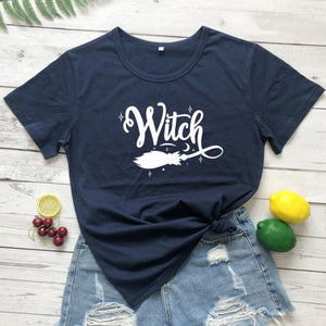 #Witch Broom 100% Cotton T-shirt Funny Women Halloween Costume Tshirt Fashion Autumn Short Sleeve Graphic Witchy Tops Camiseta - funshirtsusa